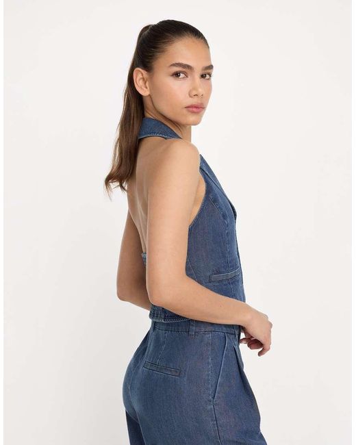 GOOD AMERICAN Blue Denim Luxe Suiting Halter Neck Waistcoat Co-Ord