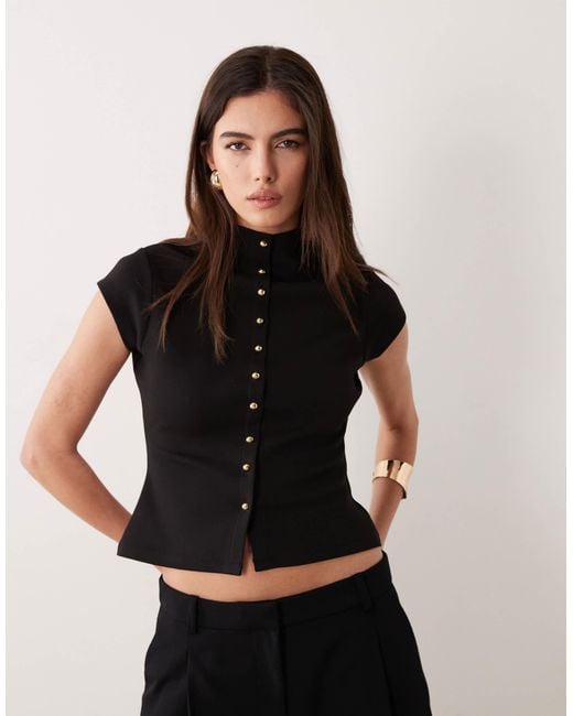 ASOS Black Interlock Funnel Button Front Top