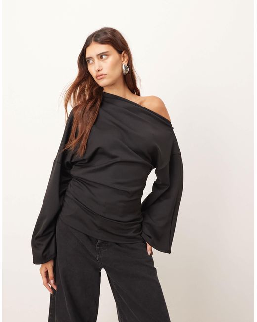 ARRANGE Black Jersey Off The Shoulder Wide Sleeves Top With Ruched Hem