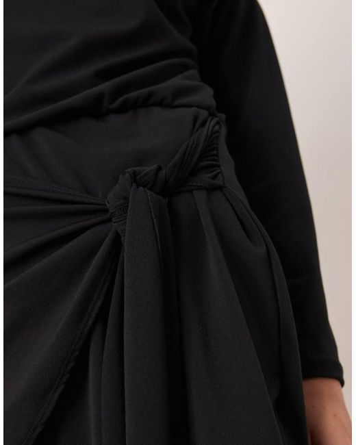 Abercrombie & Fitch Black Slash Neck Long Sleeve Mini Dress With Tie Up Front Detail
