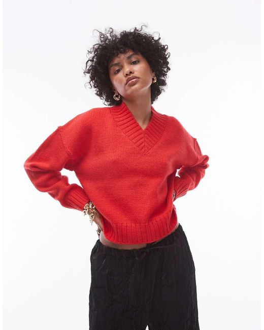 TOPSHOP Red Knitted High V-neck Clean Jumper