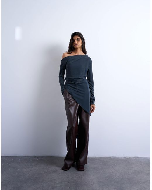 TOPSHOP Blue – langärmliges, schulterfreies oberteil aus cupro