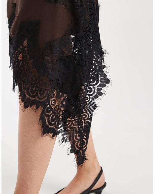 ASOS Black Satin Asymmetric Lace Trim Mini Skirt