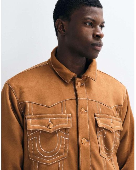 True Religion Brown Ultrasuede Oversized Fit Jimmy Trucker Jacket for men