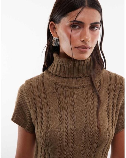 Daisy Street Brown High Neck Knit Mini Dress With Tie Pom Poms