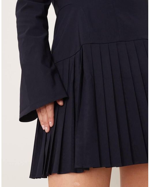 ASOS Blue Asos Design Curve Long Sleeve Pleated Skirt Mini Dress