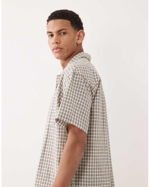 Jack & Jones Gray Linen Blend Cropped Short Sleeve Plaid Shirt for men