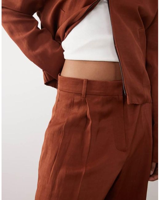 Mango Brown Vbbargen Linen Mix Pleated Front Straight Leg Pants