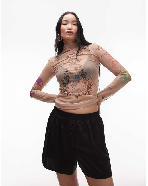 & Other Stories Multicolor Stretch Mesh Long Sleeve Top With Dreamscape Floral Placement Print