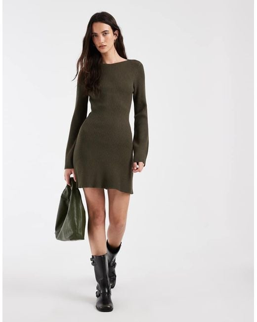 Vero Moda Brown Long Sleeve Boat Neck Knitted Mini Dress