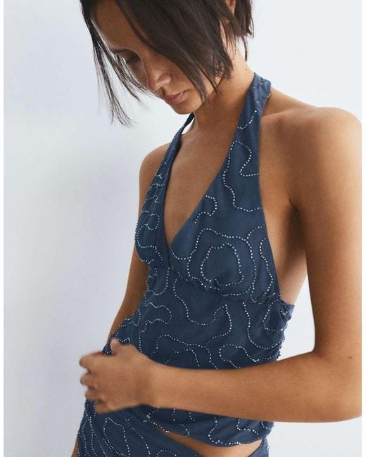 Pull&Bear Blue Beaded Tulle Halter Top