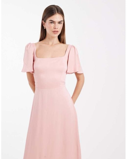 Maids To Measure Pink Bridesmaid Square Neck Flutter Sleeve Maxi Dress