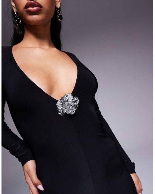 ASOS Blue Plunge Long Sleeve Maxi Dress With Corsage Trim