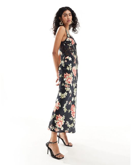 Vestido midi negro con estampado floral y diseño estilo corsé con ballenas ASOS de color Black