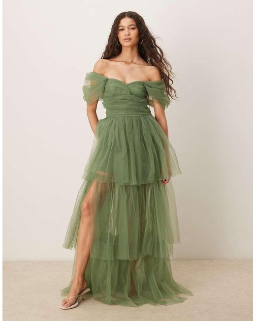 LACE & BEADS Green Off Shoulder High Low Tulle Maxi Dress