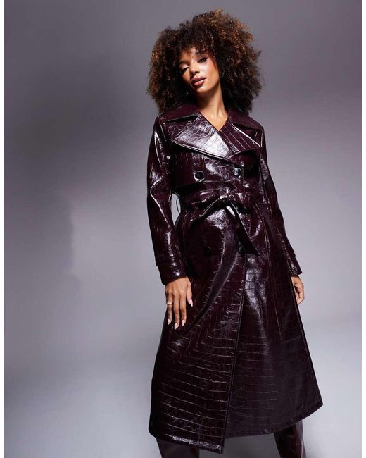 River Island Gray Croc Faux Leather Trench Coat