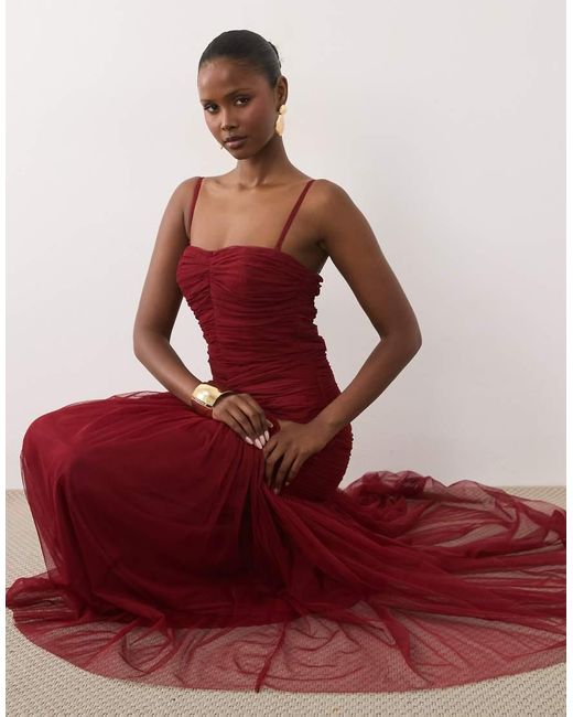 LACE & BEADS Red Structu Cami Knot Detail Dropped Waist Fishtail Maxi Dress