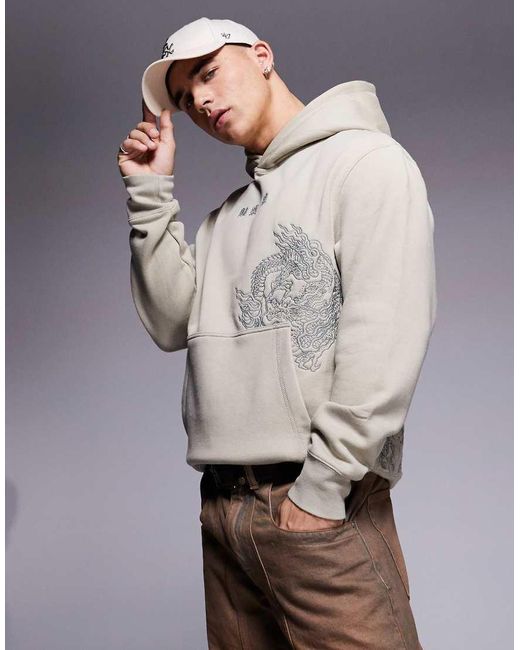 Felpa Con Cappuccio Kaki Con Ricamo Di Dragone Giapponese di River Island in Gray da Uomo