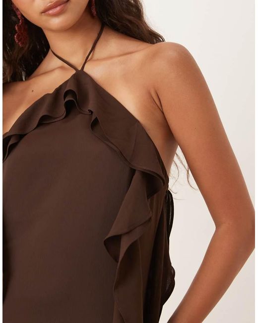 Six Stories Brown Exclusive Halter Ruffle Maxi Dress