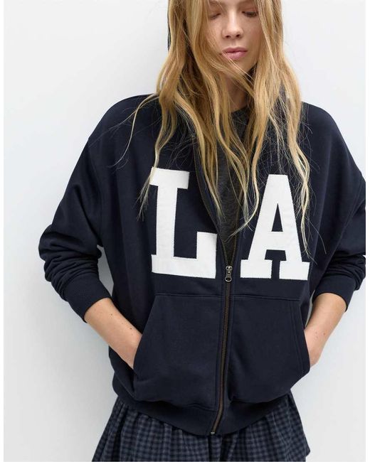Pull&Bear Blue Hoodie With Zipper And Graphic