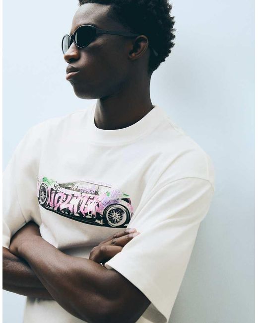 Bershka White Boxy-Fit Printed T-Shirt for men