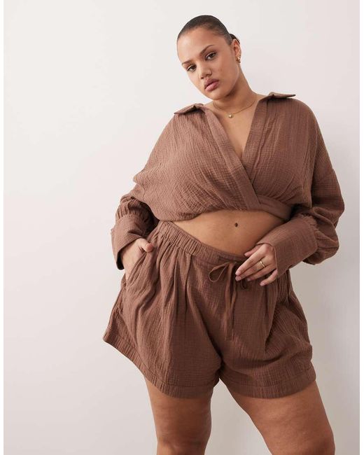 ASOS Brown Asos Design Curve Callie Cheesecloth Beach Paper Bag Waist Short