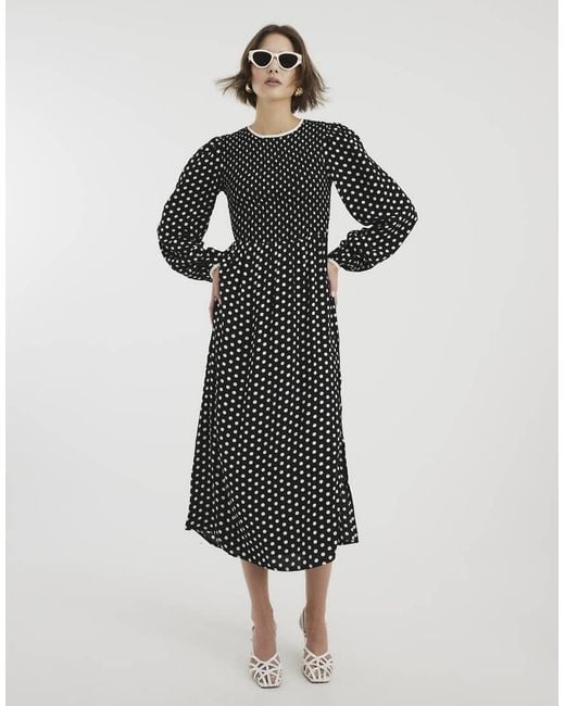 River Island White Long Sleeve Shirred Polka Dot Midi Dress