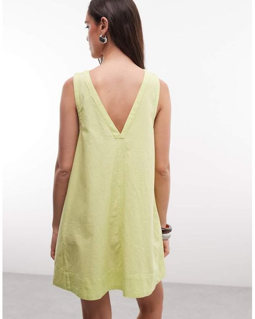 ASOS Yellow Cotton Linen V Neck Smock Mini Dress