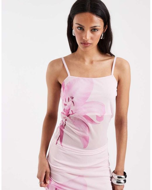 Pieces Purple Overblown Placement Floral Print Mesh Top Co-Ord