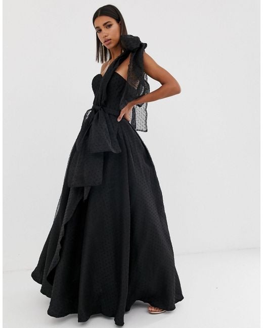 Bariano Black Full Prom One Shoulder Organza Maxi Dress With Detachable Bow Detail