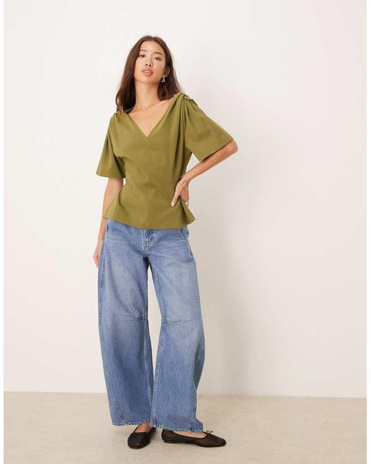ASOS Green V Neck Twist Shoulder Detail Tee