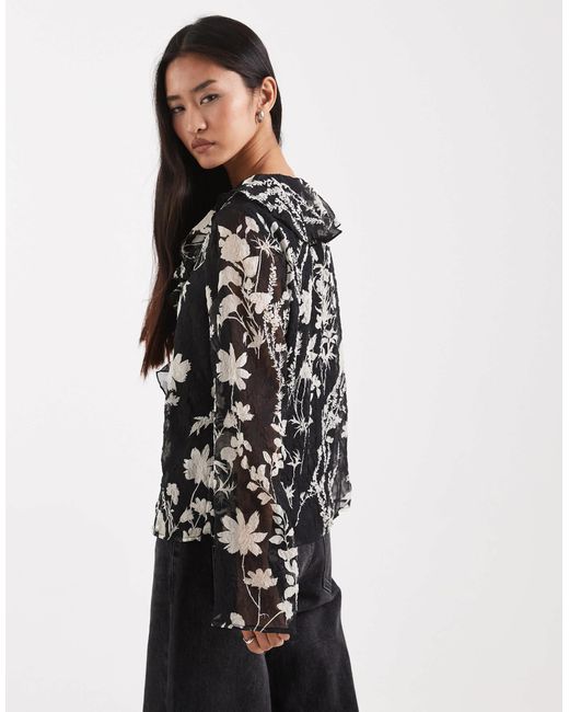 Object Black Sheer Ruffle Boho Style Blouse