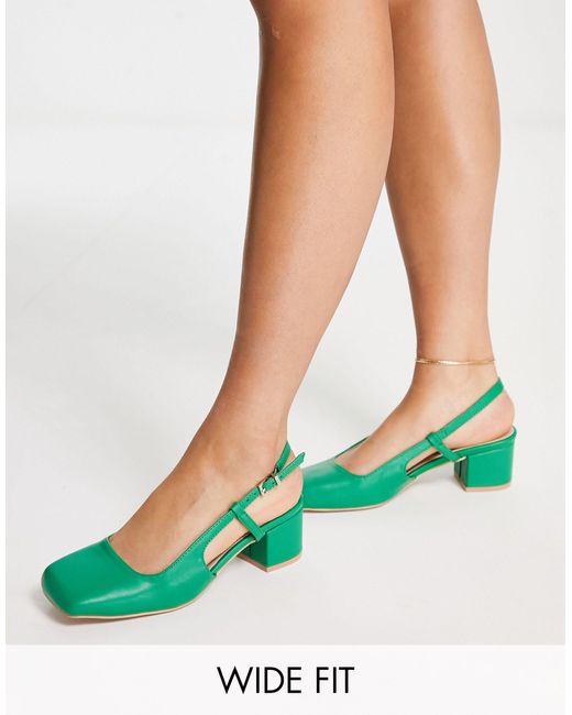 Raid Wide Fit Green Sisily Square Toe Sling Back Shoes With Mid Heel