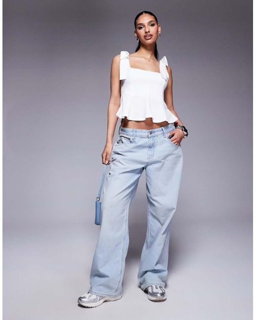 ASOS Gray Structured Cinch Waist Boat Neck Top With Shoulder Tie Bow Detail