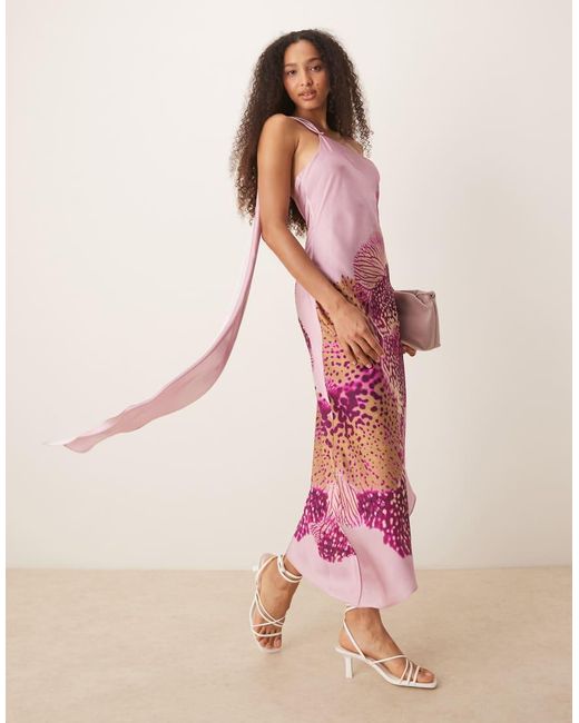 Mango Asymmetrische Jurk Met Gedrapeerde Schouder En Abstracte Grafische Print in het Pink