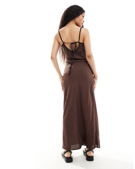 ASOS Brown Asos Design Petite Linen Slip Dress With Contrast Binding