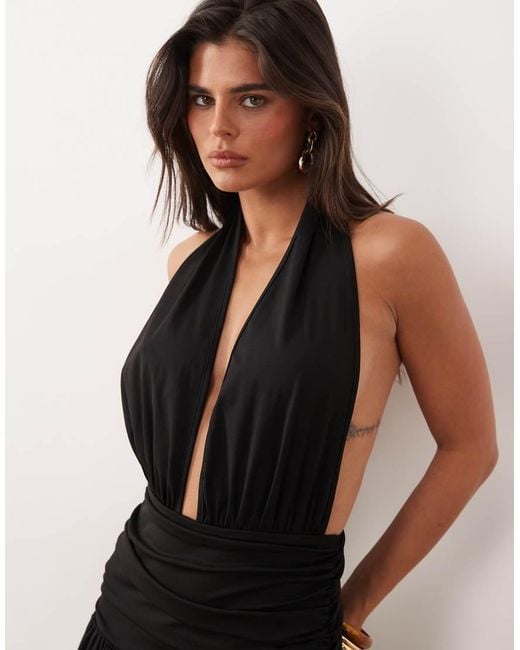 The Frolic Black Exclusive Plunge Halterneck Shirred Detail Low Back Thigh Split Maxi Dress