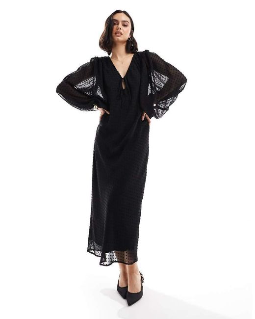 ASOS Black Dobby Balloon Sleeve Midi Dress