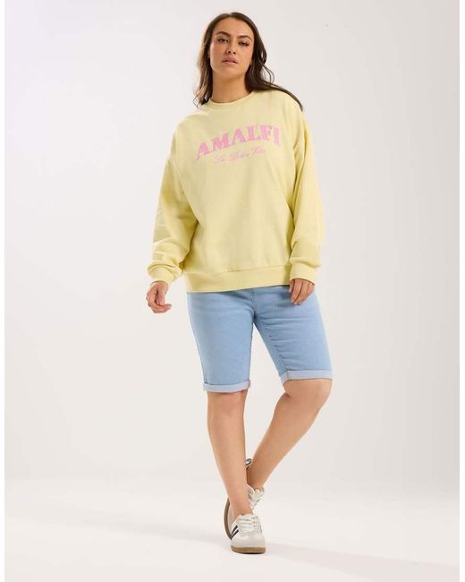 Yours Clothing Yellow 'Amalfi' Embroidered Slogan Sweatshirt