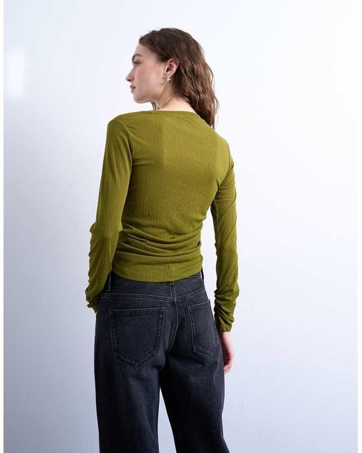 TOPSHOP Green Mesh Twisted Draped Long Sleeve Top