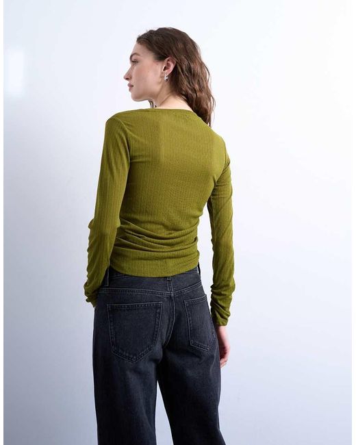 Top De Manga Larga Con Detalle Retorcido Y Drapeado De Malla De -Gris TOPSHOP de color Green