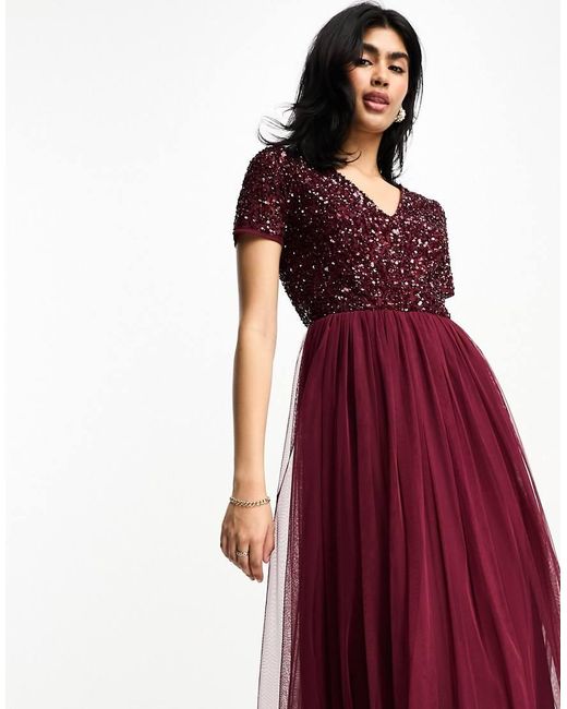 Maya Red Bridesmaid Short Sleeve Maxi Tulle Dress With Tonal Delicate Sequins
