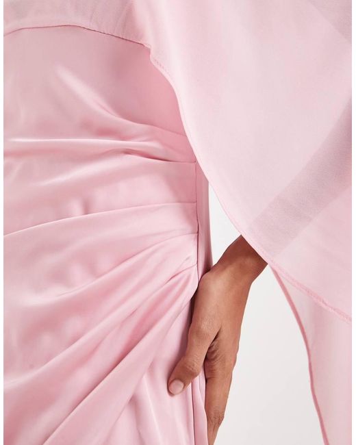 TFNC London Pink Bridesmaids Satin Maxi Dress With Mesh Cape