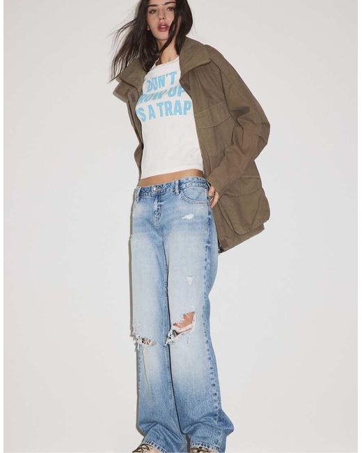Stradivarius Blue Printed Short Sleeve T-shirt