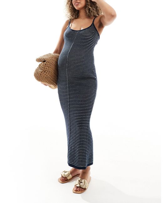 ASOS Blue Asos design maternity – wadenlanges strickkleid mit strukturiertem streifenmuster und riemchenträgern