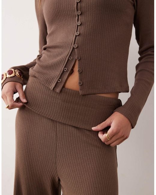 ASOS Brown Co-ord Rib Fold Over Waist Trouser With Ruched Detail