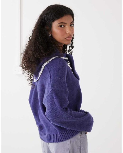 Reclaimed Vintage Blue Cropped Boxy Cardigan With Headscarf With Crochet Trim