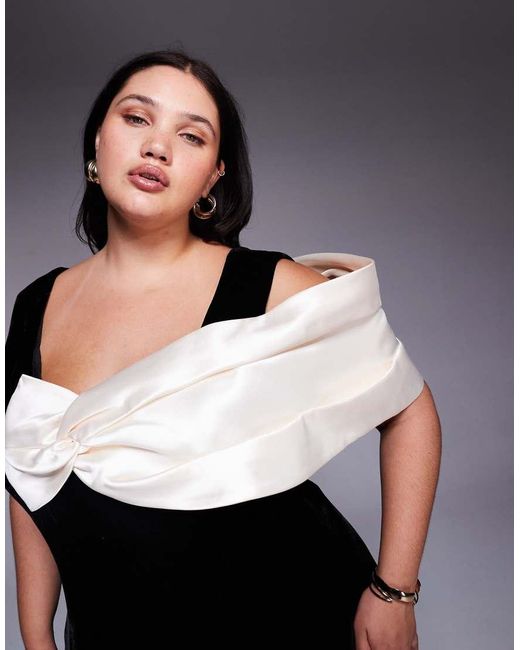 ASOS Black Curve Velvet Mini Dress With Structured Satin Drape