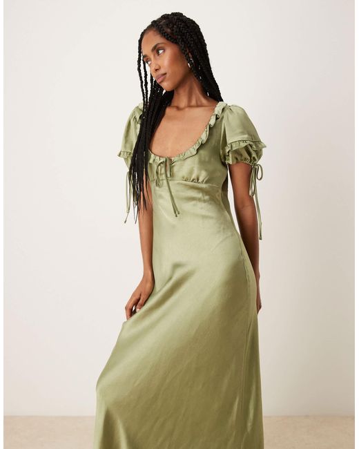 ASOS Green Milkmaid Tie Puff Sleeve Midi Dress