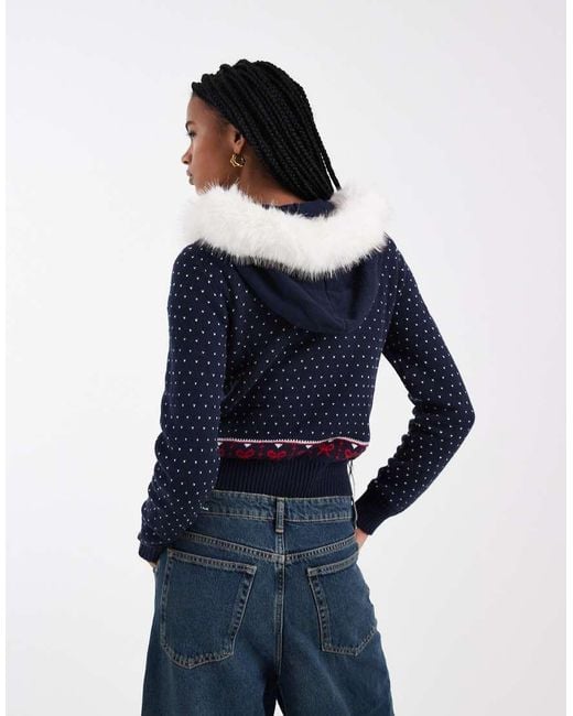Hollister Blue Faux Fur Hood Zip Through Knit Jumper
